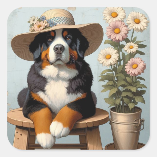 Cute Bernese Mountain Dog with Hat and Flowers Square Sticker (Front)