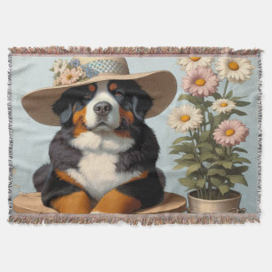 Cute Bernese Mountain Dog with Hat and Flowers Throw Blanket