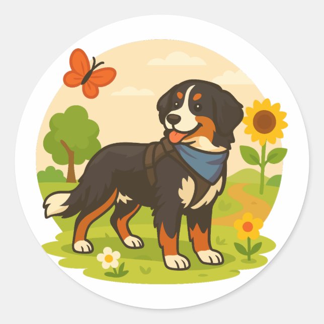 Cute Bernese Mountain Dog with Sunflower & Butterf Classic Round Sticker (Front)