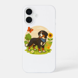 Cute Bernese Mountain Dog with Sunflower & Butterf iPhone 16 Case