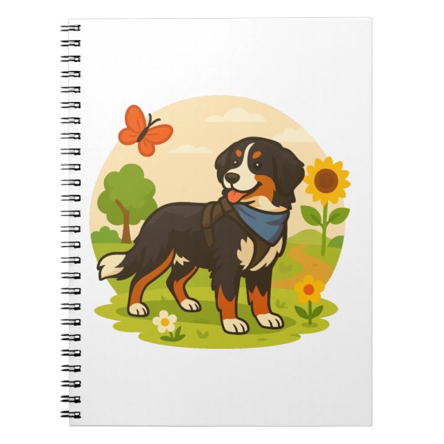 Cute Bernese Mountain Dog with Sunflower & Butterf Notebook (Front)