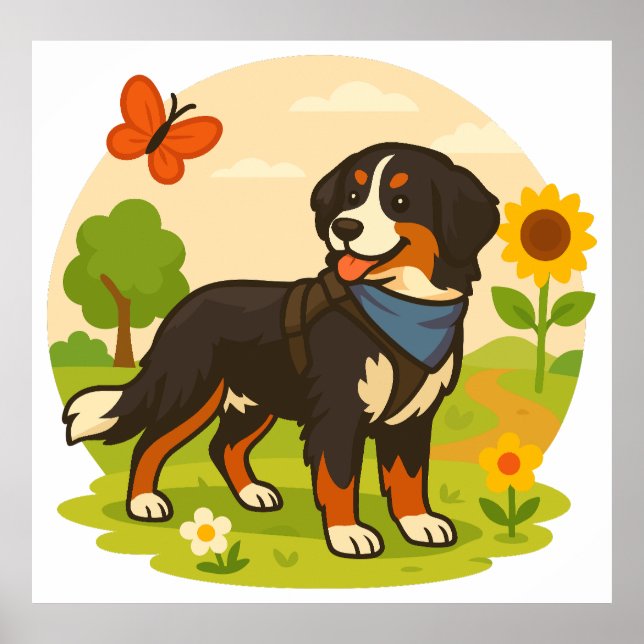 Cute Bernese Mountain Dog with Sunflower & Butterf Poster (Front)