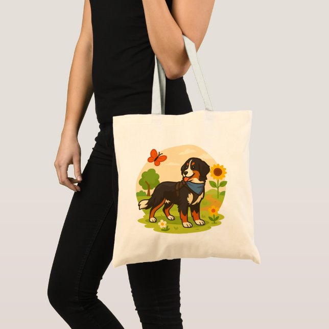 Cute Bernese Mountain Dog with Sunflower & Butterf Tote Bag (Front (Product))