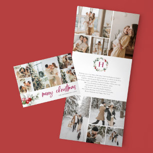 Cute Berry 16 Photo Collage Christmas Tri-Fold Holiday Card