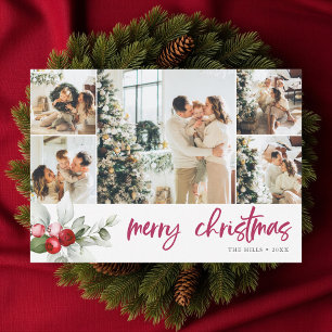 Cute Berry 7 Photo Collage Handwritten Script Holiday Card