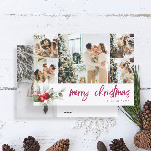 Cute Berry  7 Photo Collage Handwritten Script Holiday Card