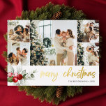 Cute Berry Christmas Script Photo Collage Foil Holiday Card<br><div class="desc">Embrace the festive spirit with our luxurious personalised Christmas card, designed to capture the warmth and joy of the season. The card takes centre stage with a delightful arrangement of five square-sized photos, each telling a unique story of your family's cherished moments. As your eyes drift below, a delicate watercolor...</div>