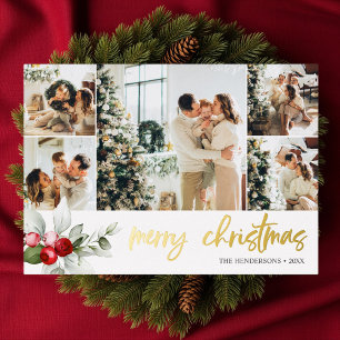 Cute Berry Christmas Script Photo Collage Foil Holiday Card