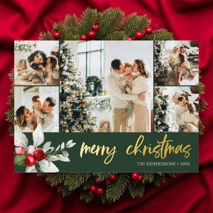 Cute Berry Christmas Script Photo Collage Foil Holiday Card