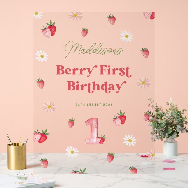 Cute Berry First Birthday Girls Strawberry Welcome Acrylic Sign (Wedding)