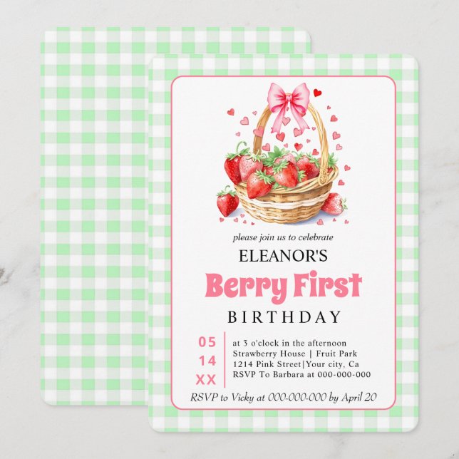 Cute Berry First Birthday strawberries for girls Invitation (Front/Back)