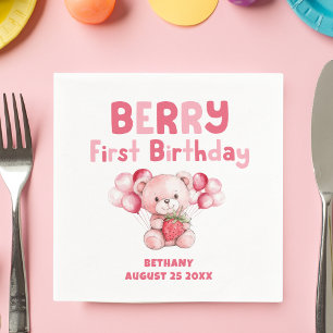 Cute Berry First Birthday Strawberry Pink Napkin