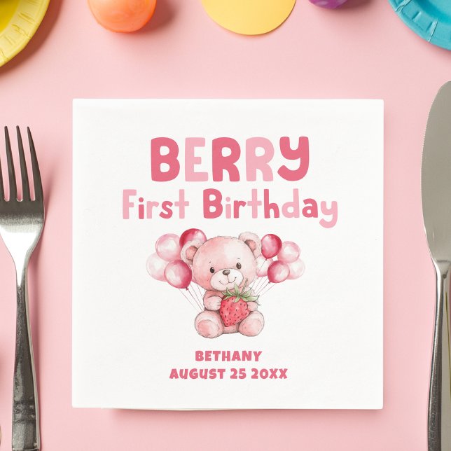 Cute Berry First Birthday Strawberry Pink Napkin (Creator Uploaded)