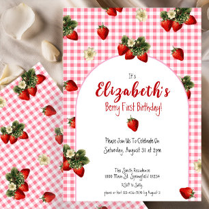 Cute Berry First Birthday Strawberry Red Gingham Invitation
