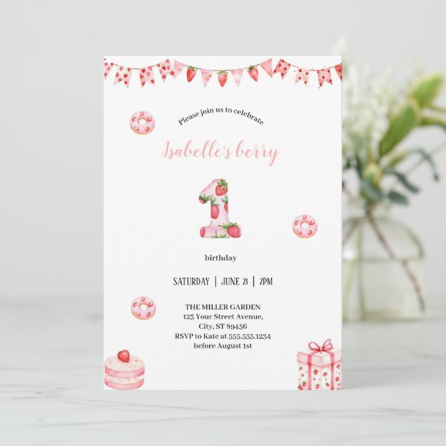 cute berry first strawberry birthday invitation (Standing Front)