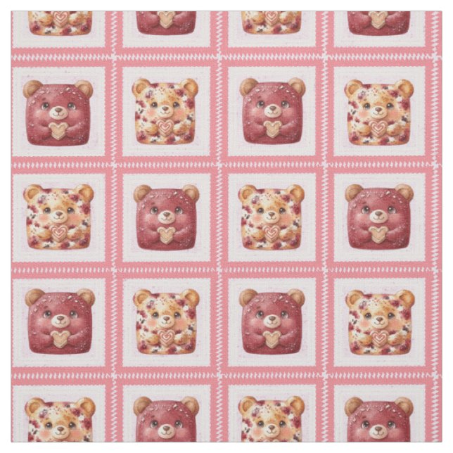 Cute Berry Patchwork Teddy Bear Fabric (Swatch)