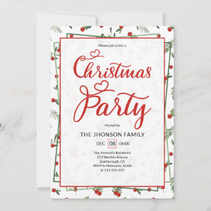 Cute Berry Pattern Calligraphy Christmas Party  Invitation