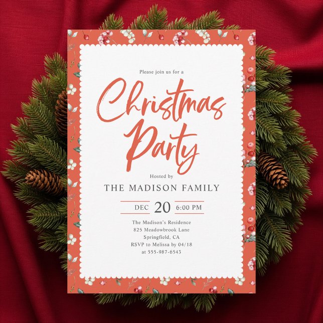 Cute Berry Pattern Handwritten Christmas Party Invitation (Creator Uploaded)