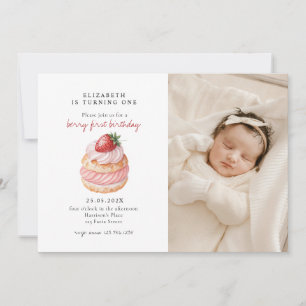 Cute Berry Sweet Pink First Birthday Photo Invitation