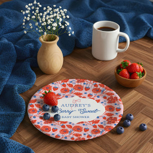 Cute Berry Sweet Strawberry Blueberry Baby Shower Paper Plate