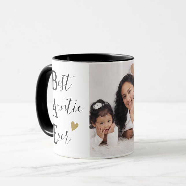 Cute Best Auntie Ever Photo Black And Gold Heart Mug (Front Left)