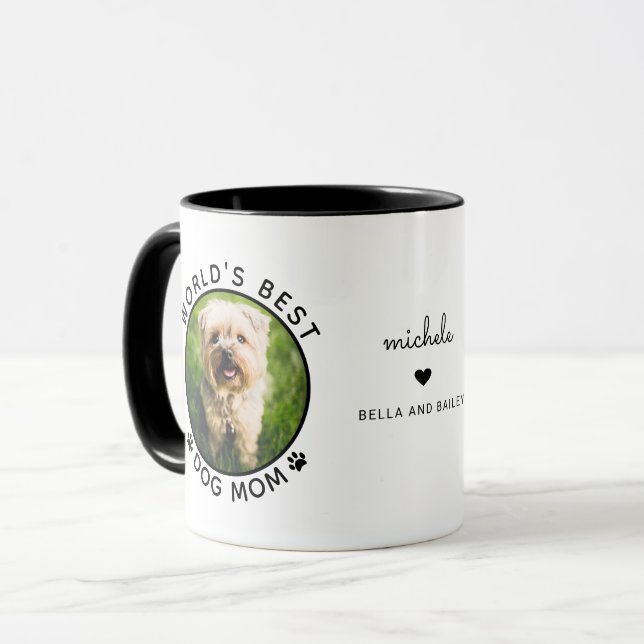 Cute Best Dog Mum Two Photo Modern Typography Mug (Front Left)