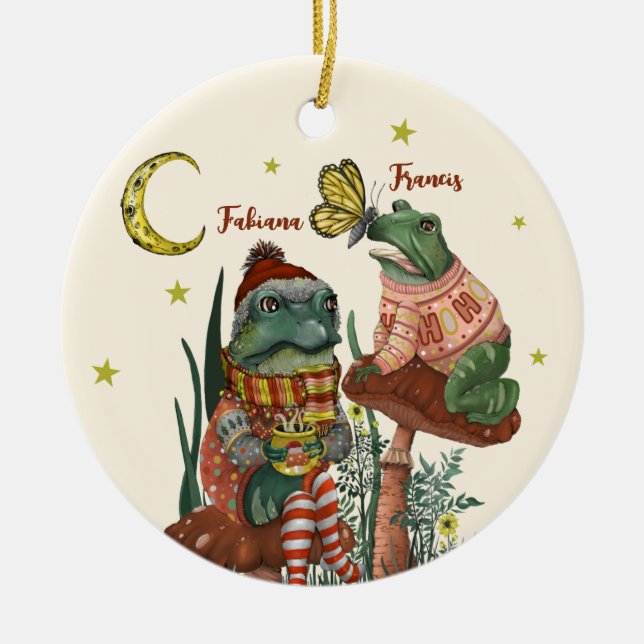 Cute Best Friend Frogs on Mushroom Christmas Ceram Ceramic Ornament (Front)