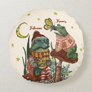Cute Best Friend Frogs on Mushroom Christmas Round Cushion
