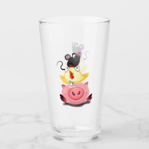 Cute Best Friends Piggy Chick and Mouse - Cartoon Glass