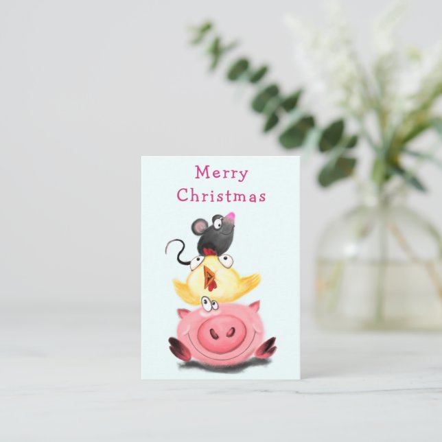 Cute Best Friends Piggy Chick and Mouse  Christmas Card (Standing Front)