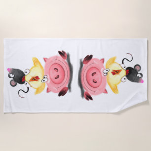 Cute Best Friends Piggy Chick and Mouse - Funny Beach Towel