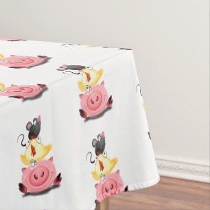 Cute Best Friends Piggy Chick and Mouse - Funny Tablecloth
