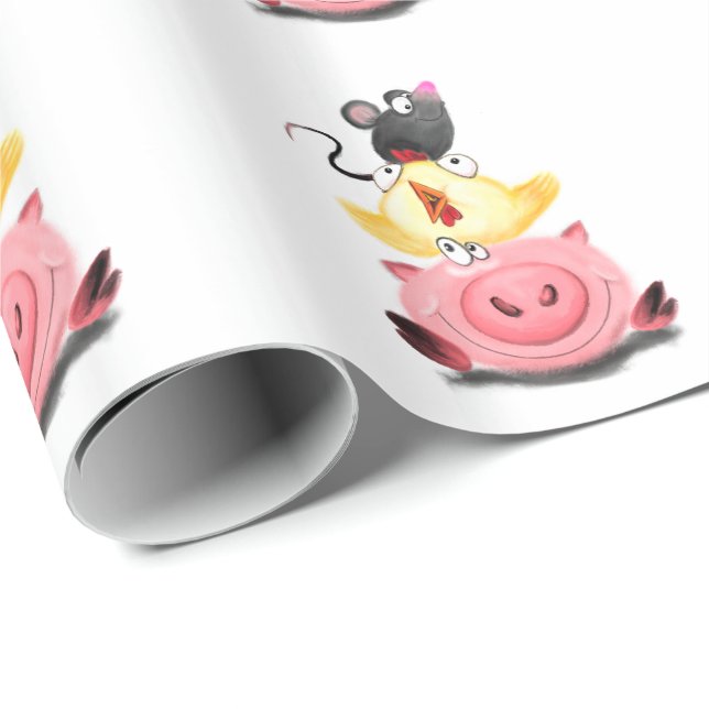 Cute Best Friends Piggy Chick and Mouse - Funny Wrapping Paper (Roll Corner)