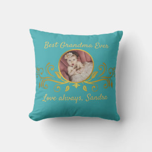 Cute Best Grandma ever photo Black Gold Teal Blue Cushion