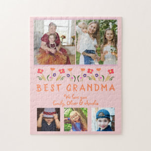 Cute Best Grandma Flowers Floral Family Photo Jigsaw Puzzle