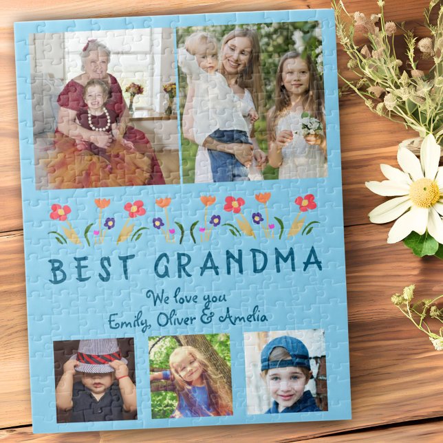 Cute Best Grandma Flowers Floral Family Photo Jigsaw Puzzle (Creator Uploaded)