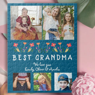 Cute Best Grandma Flowers Floral Family Photo Jigsaw Puzzle