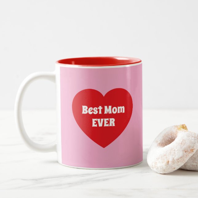 Cute Best Mom Ever Red Heart Simple Pink Two-Tone Coffee Mug (With Donut)