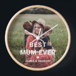 Cute BEST MUM EVER Heart Mother's Day Photo Clock<br><div class="desc">Cute Best Mum Ever Heart Mother's Day Photo Clock features your favourite photo with the text "best mum ever" in modern white script with a heart and your names below. Personalise by editing the text in the text box provided and adding your own picture. Designed by ©Evco Studio www.zazzle.com/store/evcostudio</div>