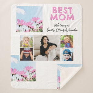 Cute Best Mum Pink Flowers 5 Photo Collage Sherpa Blanket