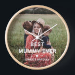 Cute BEST MUMMY EVER Heart Mother's Day Photo Clock<br><div class="desc">Cute Best Mummy Ever Heart Mother's Day Photo Clock features your favourite photo with the text "best mummy ever" in modern white script with a heart and your names below. Personalise by editing the text in the text box provided and adding your own picture. Designed by ©2022 Evco Studio www.zazzle.com/store/evcostudio...</div>