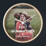 Cute BEST MUMMY EVER Heart Mother's Day Photo Clock<br><div class="desc">Cute Best Mummy Ever Heart Mother's Day Photo Clock features your favourite photo with the text "best mummy ever" in modern white script with a heart and your names below. Personalise by editing the text in the text box provided and adding your own picture. Designed by ©2022 Evco Studio www.zazzle.com/store/evcostudio...</div>