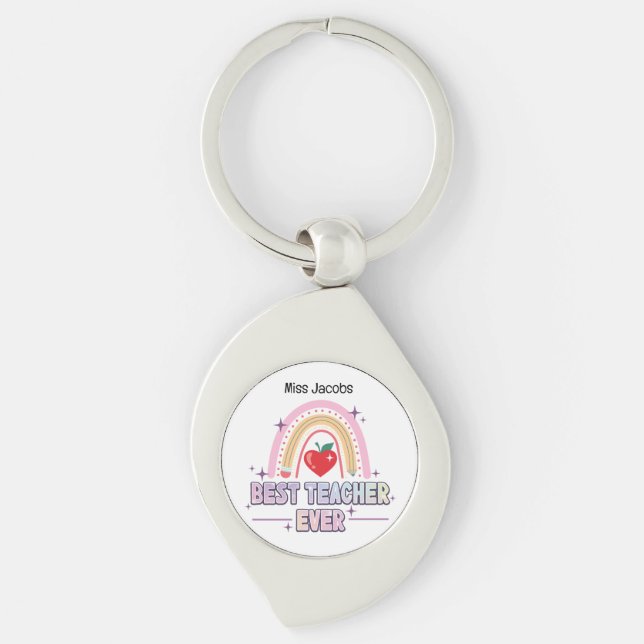 Cute Best Teacher Ever Rainbow Typography  Key Ring (Front)