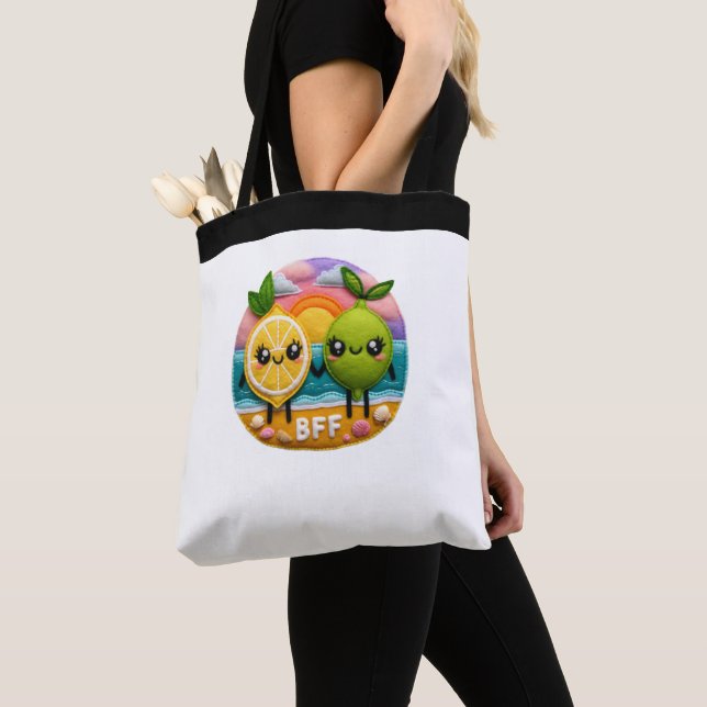 Cute BFF Quote Lemon and Lime Characters Sunset Tote Bag (Close Up)