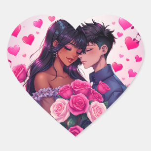 Cute Bi-Racial Anime Valentine's Day Heart Sticker