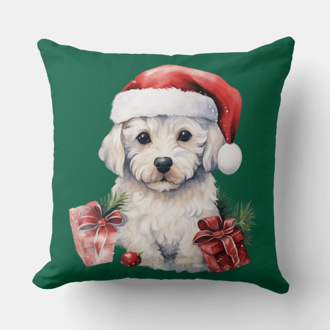Cute Bichon Frise at Christmas Cushion (Front)