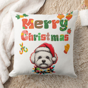 Cute Bichon Frise Dog Christmas Hat Xmas Cushion