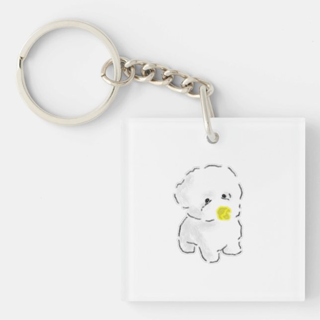 Cute Bichon Frise Dog Wearing Duck Bill Muzzle Key Ring (Front)