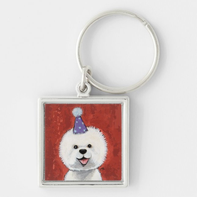 Cute Bichon Frise Party Dog Illustration Key Ring (Front)