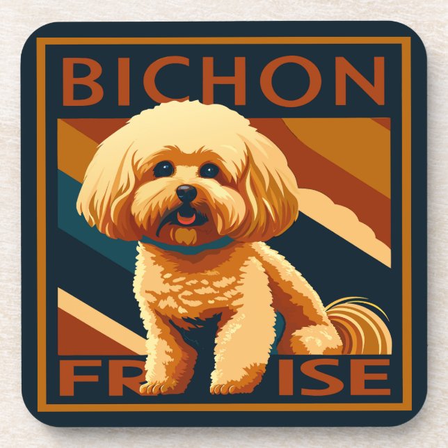 Cute Bichon Frise Puppy Dog Retro Poster Style Coaster (Front)